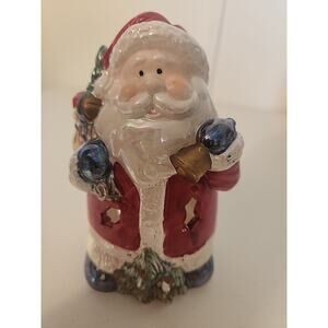 Santa Claus Tealight Votive Candle Holder Ceramic Star Cutouts Glitter 7"